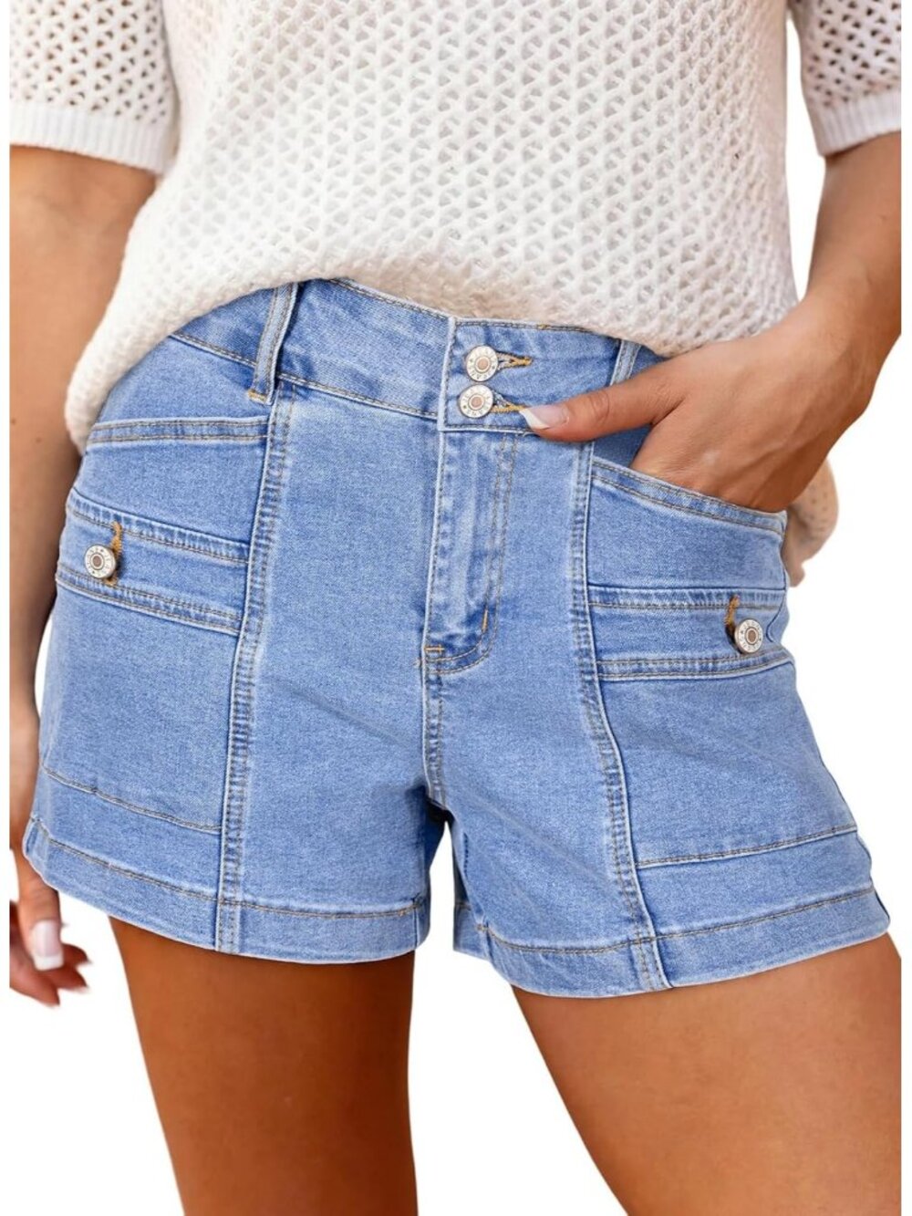Women's Light Blue High Waisted Stretchy Shorts Double Button Denim Jean Shorts